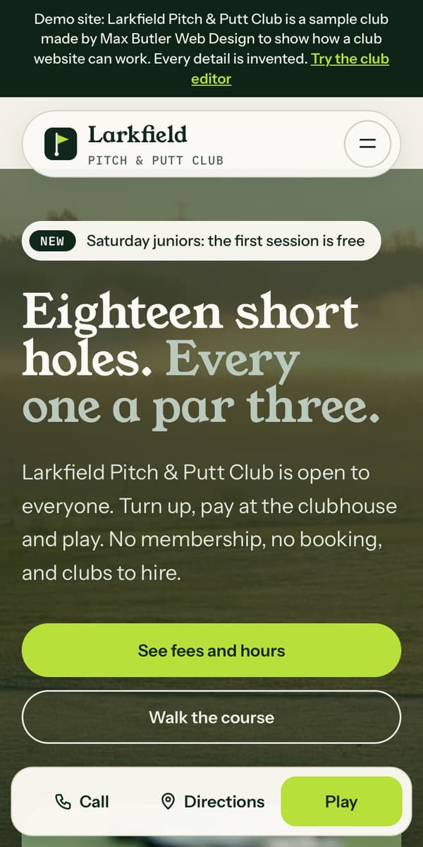 Phone screenshot of the Larkfield Pitch and Putt Club sample site