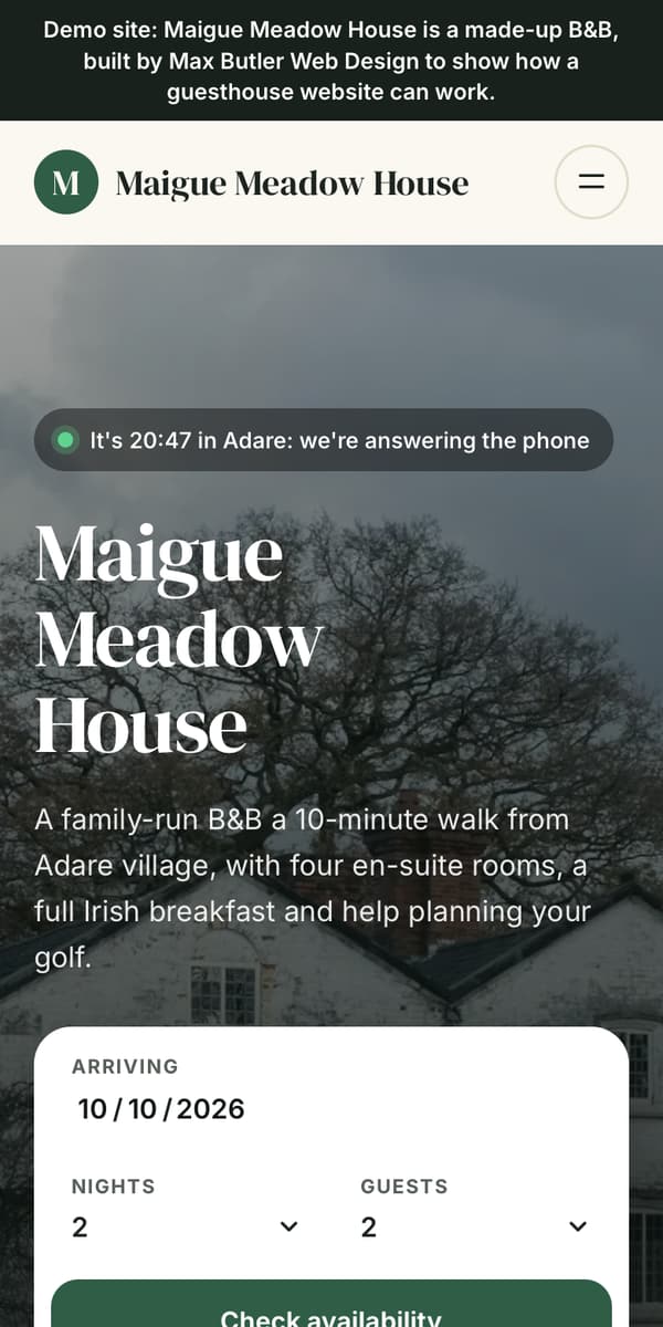 Phone screenshot of the Maigue Meadow House sample site